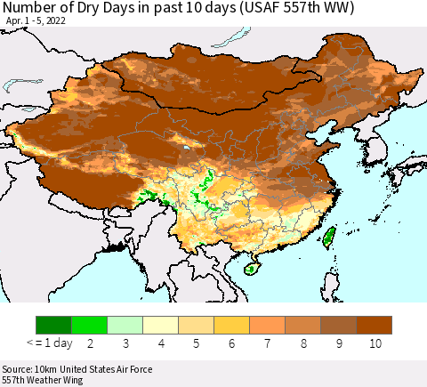 China, Mongolia and Taiwan Number of Dry Days in past 10 days (USAF 557th WW) Thematic Map For 4/1/2022 - 4/5/2022