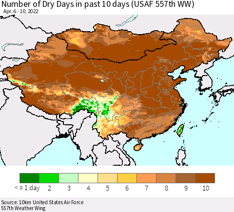 China, Mongolia and Taiwan Number of Dry Days in past 10 days (USAF 557th WW) Thematic Map For 4/6/2022 - 4/10/2022