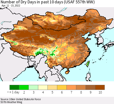 China, Mongolia and Taiwan Number of Dry Days in past 10 days (USAF 557th WW) Thematic Map For 4/11/2022 - 4/15/2022