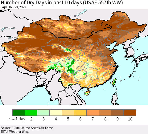 China, Mongolia and Taiwan Number of Dry Days in past 10 days (USAF 557th WW) Thematic Map For 4/16/2022 - 4/20/2022
