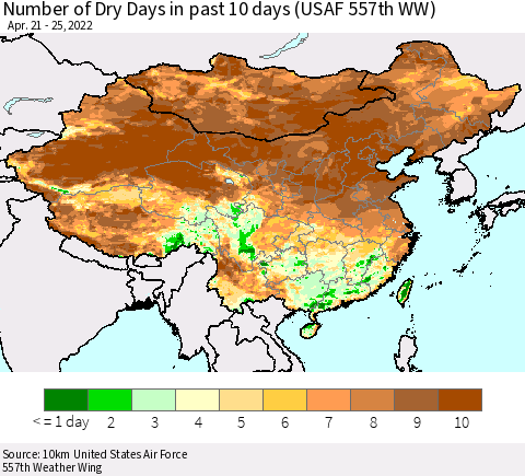 China, Mongolia and Taiwan Number of Dry Days in past 10 days (USAF 557th WW) Thematic Map For 4/21/2022 - 4/25/2022