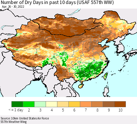 China, Mongolia and Taiwan Number of Dry Days in past 10 days (USAF 557th WW) Thematic Map For 4/26/2022 - 4/30/2022