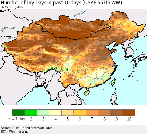 China, Mongolia and Taiwan Number of Dry Days in past 10 days (USAF 557th WW) Thematic Map For 5/1/2022 - 5/5/2022