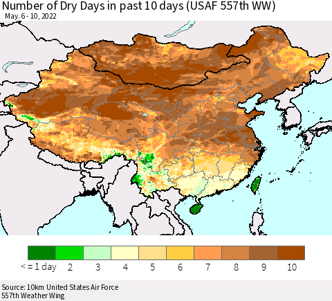 China, Mongolia and Taiwan Number of Dry Days in past 10 days (USAF 557th WW) Thematic Map For 5/6/2022 - 5/10/2022
