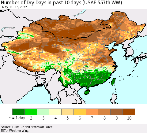 China, Mongolia and Taiwan Number of Dry Days in past 10 days (USAF 557th WW) Thematic Map For 5/11/2022 - 5/15/2022