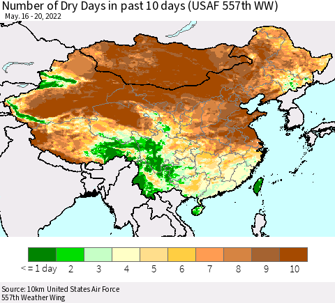 China, Mongolia and Taiwan Number of Dry Days in past 10 days (USAF 557th WW) Thematic Map For 5/16/2022 - 5/20/2022
