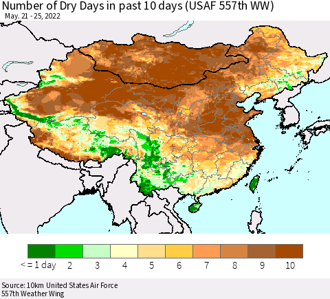 China, Mongolia and Taiwan Number of Dry Days in past 10 days (USAF 557th WW) Thematic Map For 5/21/2022 - 5/25/2022
