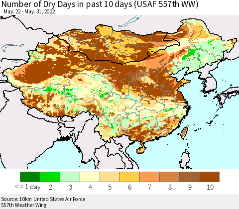 China, Mongolia and Taiwan Number of Dry Days in past 10 days (USAF 557th WW) Thematic Map For 5/26/2022 - 5/31/2022