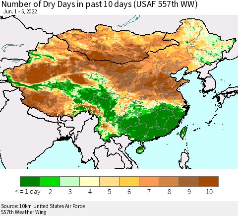 China, Mongolia and Taiwan Number of Dry Days in past 10 days (USAF 557th WW) Thematic Map For 6/1/2022 - 6/5/2022