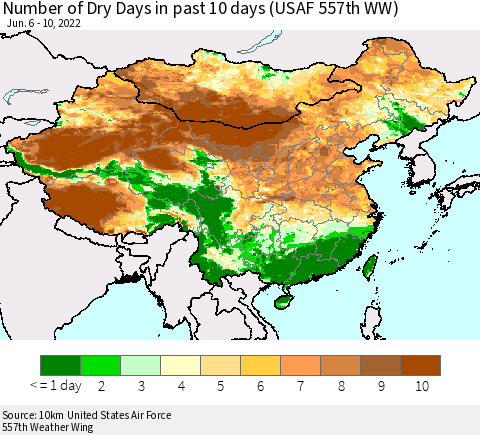 China, Mongolia and Taiwan Number of Dry Days in past 10 days (USAF 557th WW) Thematic Map For 6/6/2022 - 6/10/2022