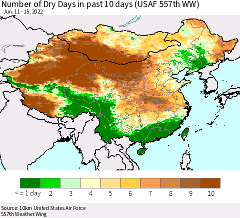 China, Mongolia and Taiwan Number of Dry Days in past 10 days (USAF 557th WW) Thematic Map For 6/11/2022 - 6/15/2022