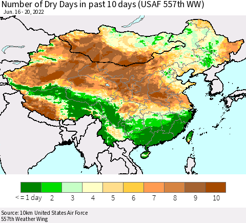 China, Mongolia and Taiwan Number of Dry Days in past 10 days (USAF 557th WW) Thematic Map For 6/16/2022 - 6/20/2022