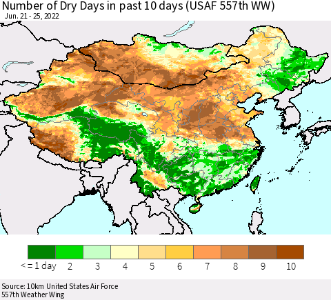 China, Mongolia and Taiwan Number of Dry Days in past 10 days (USAF 557th WW) Thematic Map For 6/21/2022 - 6/25/2022
