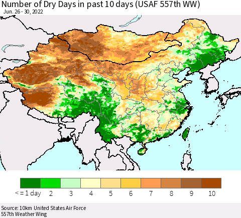 China, Mongolia and Taiwan Number of Dry Days in past 10 days (USAF 557th WW) Thematic Map For 6/26/2022 - 6/30/2022