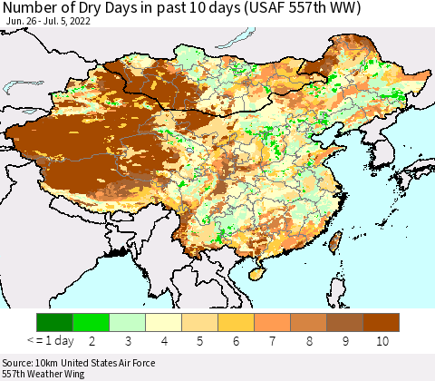 China, Mongolia and Taiwan Number of Dry Days in past 10 days (USAF 557th WW) Thematic Map For 7/1/2022 - 7/5/2022