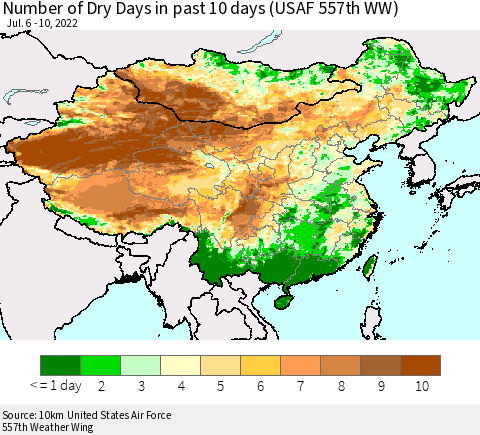 China, Mongolia and Taiwan Number of Dry Days in past 10 days (USAF 557th WW) Thematic Map For 7/6/2022 - 7/10/2022