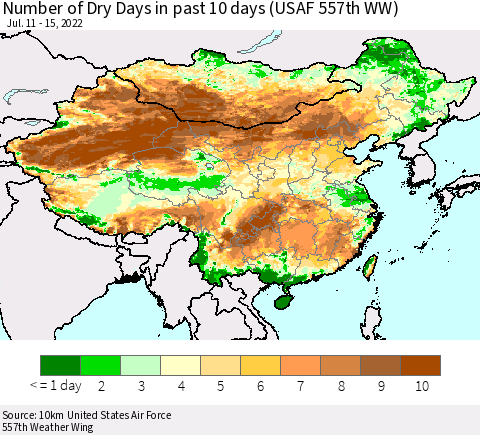 China, Mongolia and Taiwan Number of Dry Days in past 10 days (USAF 557th WW) Thematic Map For 7/11/2022 - 7/15/2022