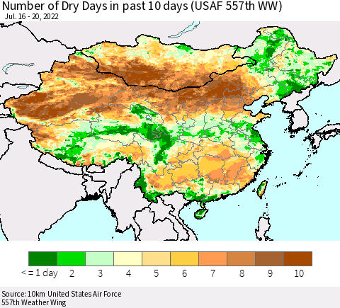 China, Mongolia and Taiwan Number of Dry Days in past 10 days (USAF 557th WW) Thematic Map For 7/16/2022 - 7/20/2022