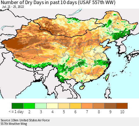 China, Mongolia and Taiwan Number of Dry Days in past 10 days (USAF 557th WW) Thematic Map For 7/21/2022 - 7/25/2022