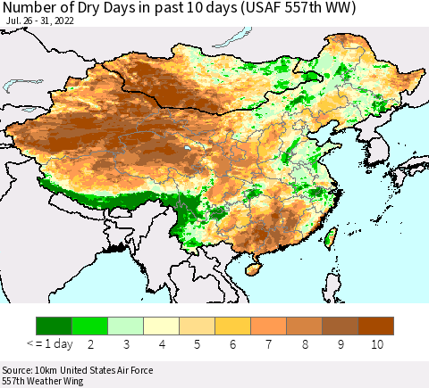 China, Mongolia and Taiwan Number of Dry Days in past 10 days (USAF 557th WW) Thematic Map For 7/26/2022 - 7/31/2022