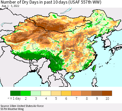 China, Mongolia and Taiwan Number of Dry Days in past 10 days (USAF 557th WW) Thematic Map For 8/1/2022 - 8/5/2022