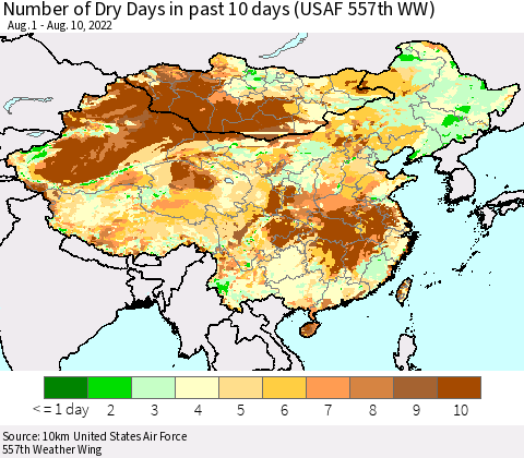 China, Mongolia and Taiwan Number of Dry Days in past 10 days (USAF 557th WW) Thematic Map For 8/6/2022 - 8/10/2022