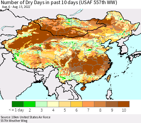 China, Mongolia and Taiwan Number of Dry Days in past 10 days (USAF 557th WW) Thematic Map For 8/11/2022 - 8/15/2022
