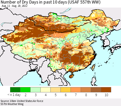 China, Mongolia and Taiwan Number of Dry Days in past 10 days (USAF 557th WW) Thematic Map For 8/16/2022 - 8/20/2022