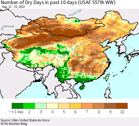 China, Mongolia and Taiwan Number of Dry Days in past 10 days (USAF 557th WW) Thematic Map For 8/21/2022 - 8/25/2022