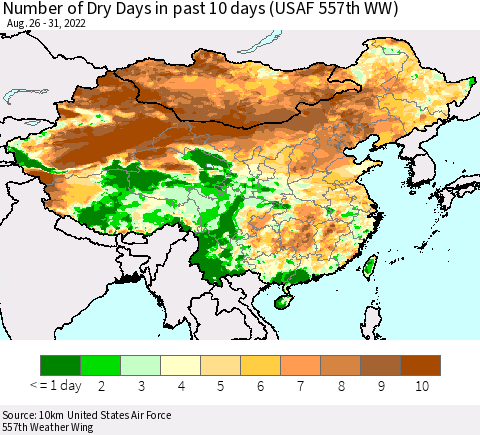 China, Mongolia and Taiwan Number of Dry Days in past 10 days (USAF 557th WW) Thematic Map For 8/26/2022 - 8/31/2022