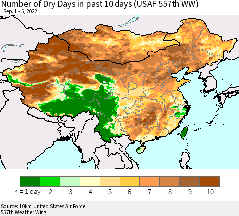 China, Mongolia and Taiwan Number of Dry Days in past 10 days (USAF 557th WW) Thematic Map For 9/1/2022 - 9/5/2022