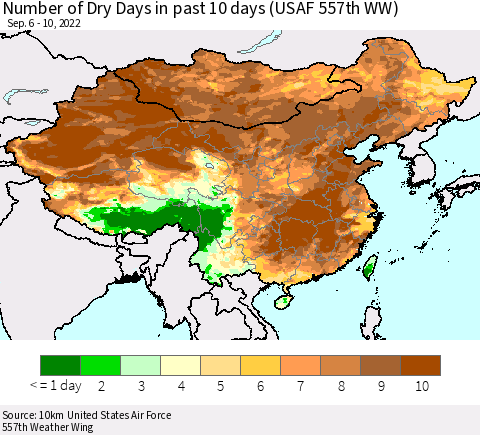 China, Mongolia and Taiwan Number of Dry Days in past 10 days (USAF 557th WW) Thematic Map For 9/6/2022 - 9/10/2022