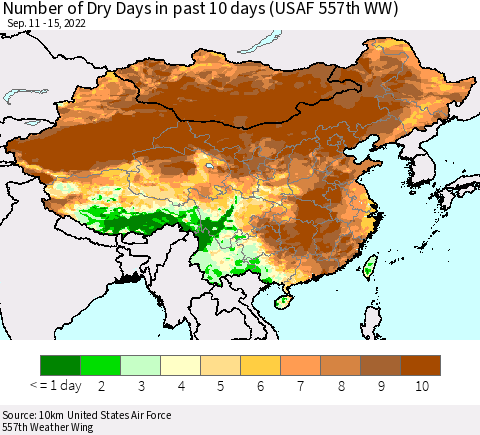 China, Mongolia and Taiwan Number of Dry Days in past 10 days (USAF 557th WW) Thematic Map For 9/11/2022 - 9/15/2022