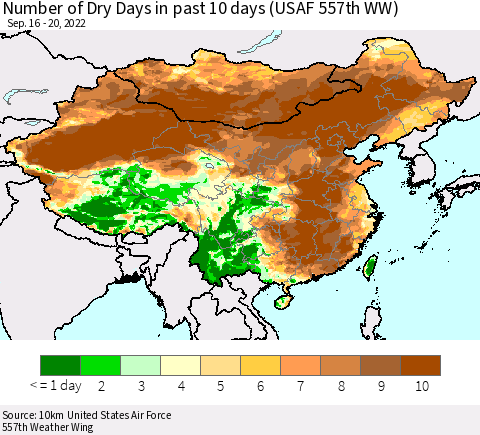 China, Mongolia and Taiwan Number of Dry Days in past 10 days (USAF 557th WW) Thematic Map For 9/16/2022 - 9/20/2022