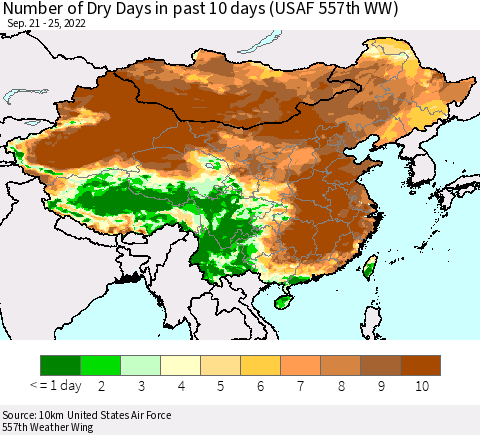 China, Mongolia and Taiwan Number of Dry Days in past 10 days (USAF 557th WW) Thematic Map For 9/21/2022 - 9/25/2022