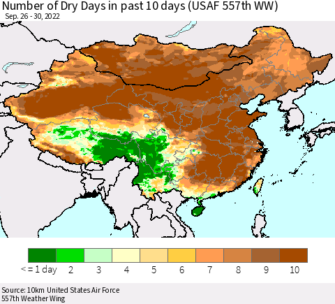 China, Mongolia and Taiwan Number of Dry Days in past 10 days (USAF 557th WW) Thematic Map For 9/26/2022 - 9/30/2022