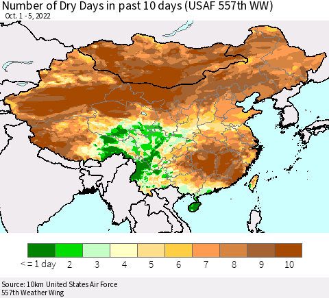 China, Mongolia and Taiwan Number of Dry Days in past 10 days (USAF 557th WW) Thematic Map For 10/1/2022 - 10/5/2022