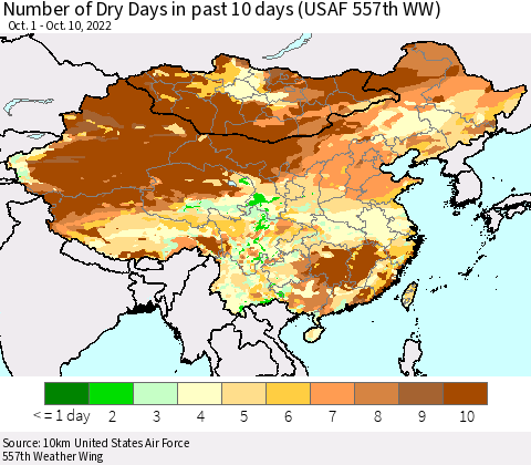 China, Mongolia and Taiwan Number of Dry Days in past 10 days (USAF 557th WW) Thematic Map For 10/6/2022 - 10/10/2022