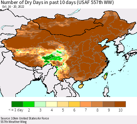 China, Mongolia and Taiwan Number of Dry Days in past 10 days (USAF 557th WW) Thematic Map For 10/16/2022 - 10/20/2022