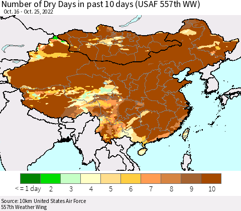 China, Mongolia and Taiwan Number of Dry Days in past 10 days (USAF 557th WW) Thematic Map For 10/21/2022 - 10/25/2022