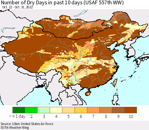 China, Mongolia and Taiwan Number of Dry Days in past 10 days (USAF 557th WW) Thematic Map For 10/26/2022 - 10/31/2022