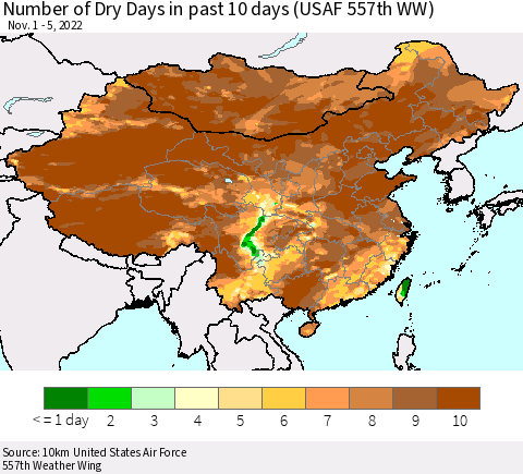 China, Mongolia and Taiwan Number of Dry Days in past 10 days (USAF 557th WW) Thematic Map For 11/1/2022 - 11/5/2022