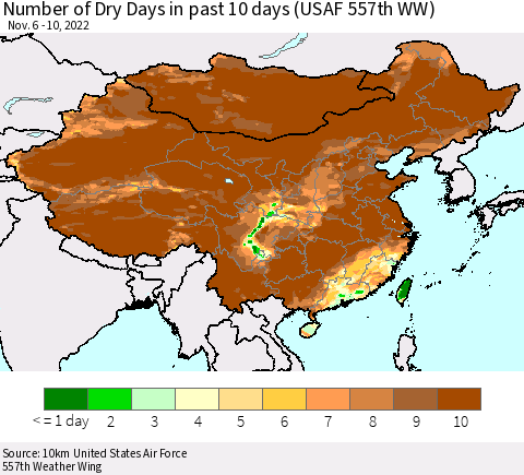 China, Mongolia and Taiwan Number of Dry Days in past 10 days (USAF 557th WW) Thematic Map For 11/6/2022 - 11/10/2022