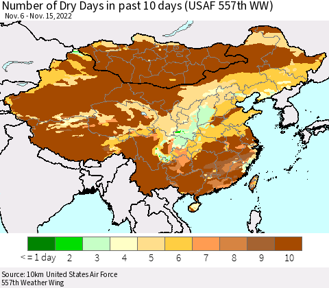 China, Mongolia and Taiwan Number of Dry Days in past 10 days (USAF 557th WW) Thematic Map For 11/11/2022 - 11/15/2022