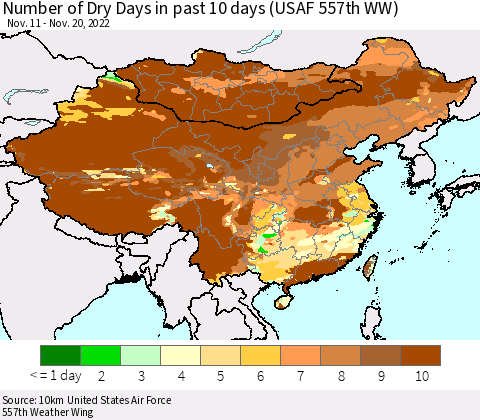 China, Mongolia and Taiwan Number of Dry Days in past 10 days (USAF 557th WW) Thematic Map For 11/16/2022 - 11/20/2022