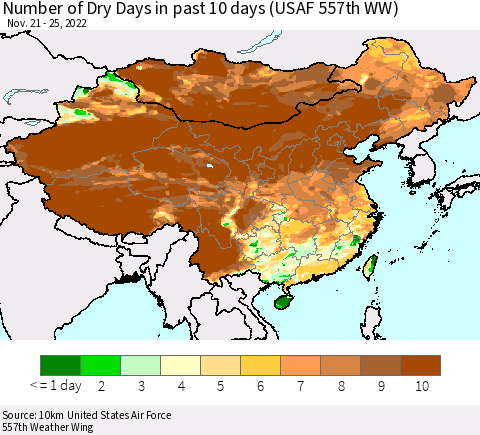 China, Mongolia and Taiwan Number of Dry Days in past 10 days (USAF 557th WW) Thematic Map For 11/21/2022 - 11/25/2022