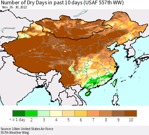 China, Mongolia and Taiwan Number of Dry Days in past 10 days (USAF 557th WW) Thematic Map For 11/26/2022 - 11/30/2022