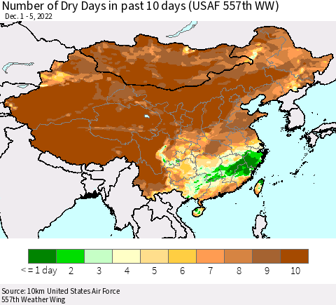 China, Mongolia and Taiwan Number of Dry Days in past 10 days (USAF 557th WW) Thematic Map For 12/1/2022 - 12/5/2022