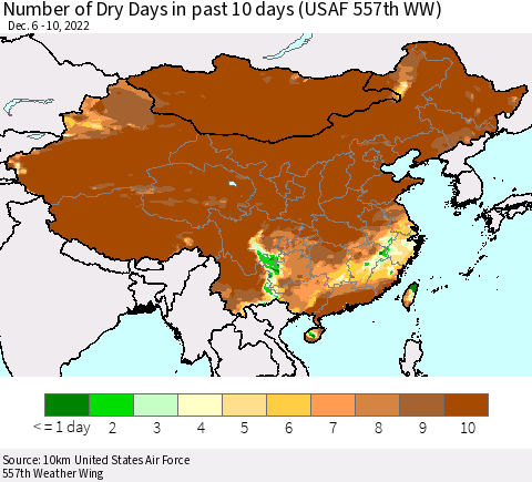 China, Mongolia and Taiwan Number of Dry Days in past 10 days (USAF 557th WW) Thematic Map For 12/6/2022 - 12/10/2022