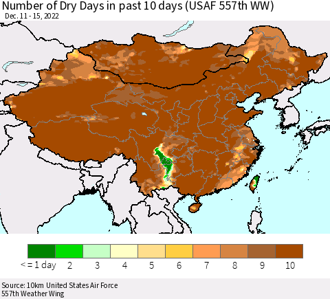 China, Mongolia and Taiwan Number of Dry Days in past 10 days (USAF 557th WW) Thematic Map For 12/11/2022 - 12/15/2022